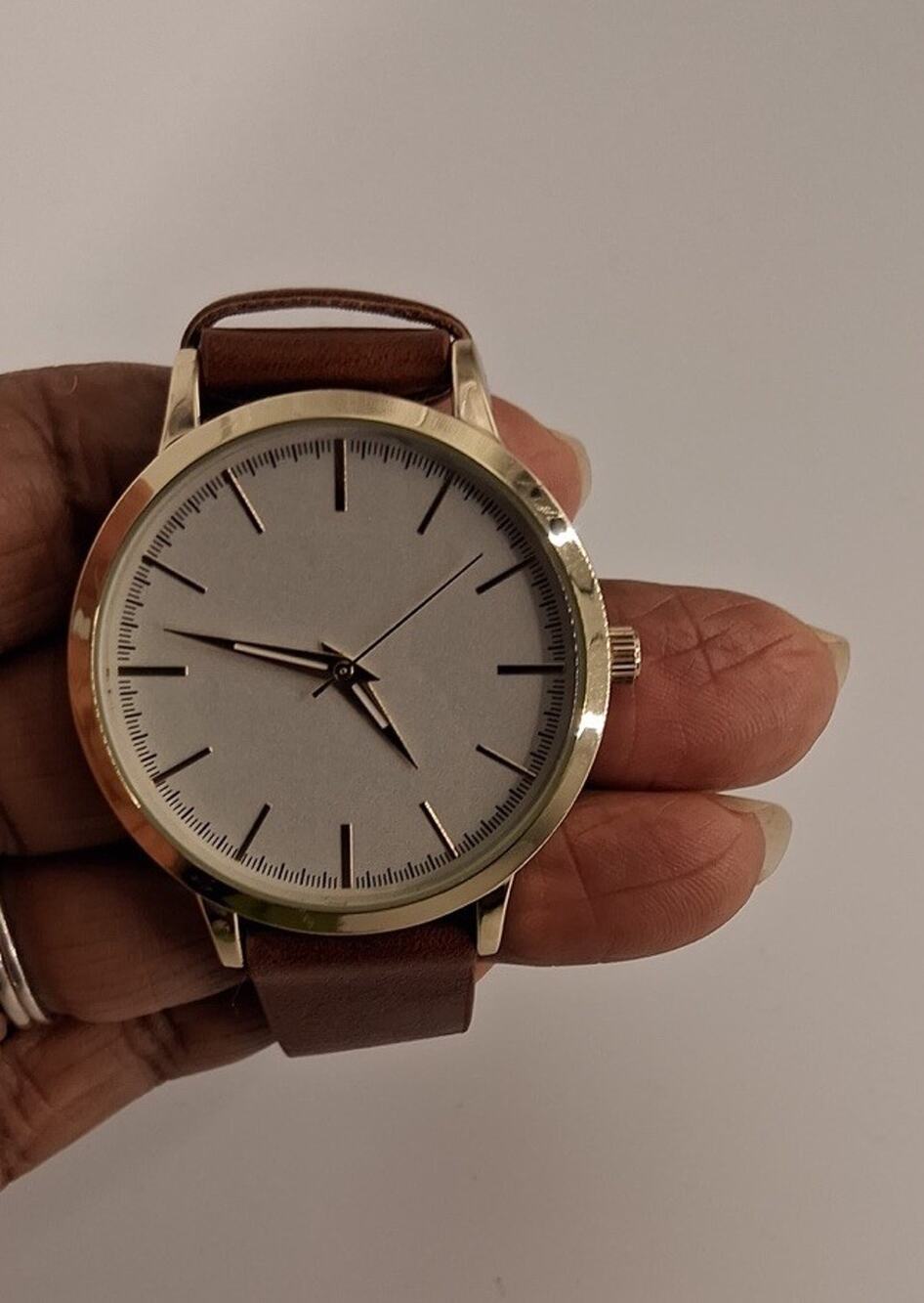 Mens Womens Minimalist Quartz Watch Gold Tone Sterile Dial Brown Faux Leather